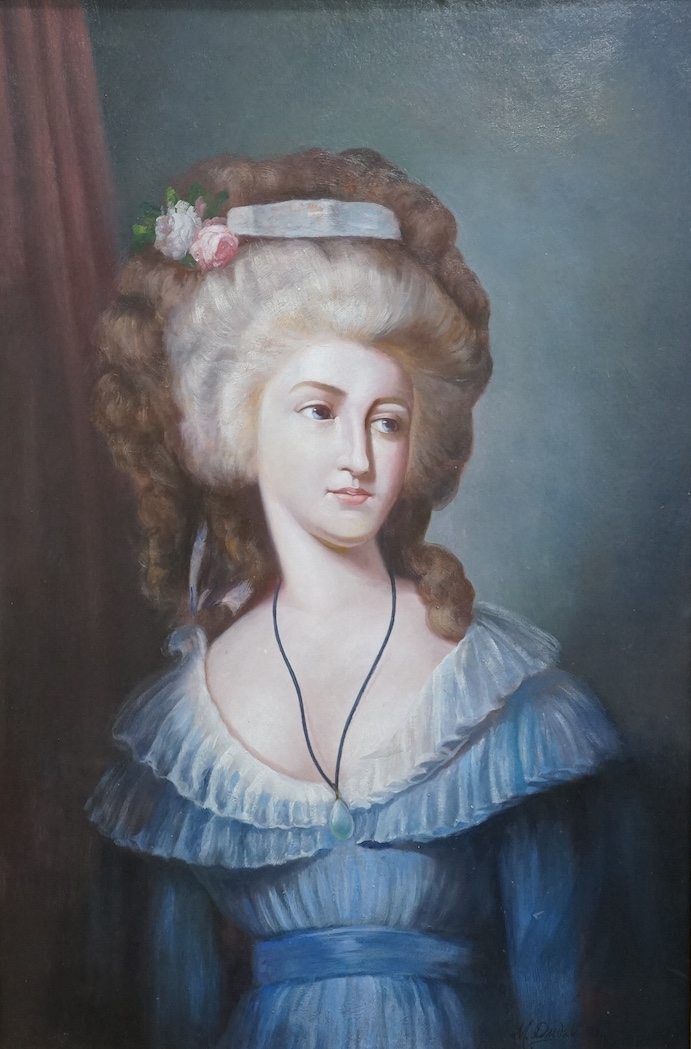 A decorative oil on board, Portrait of a Georgian lady, unsigned, 90 x 59cm, ornately gilt framed. Condition - good